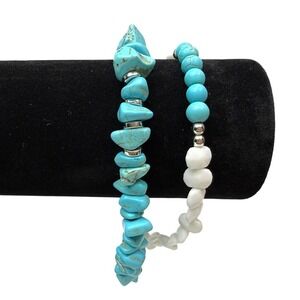 Turquoise Chip Stone Bead Bracelet Stackable Silver Tone Accent Jewelry Wrist 8